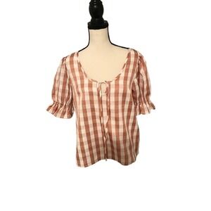 MODCLOTH Women's Picnic Plaid Gingham Puff Sleeve Blouse - Size Medium